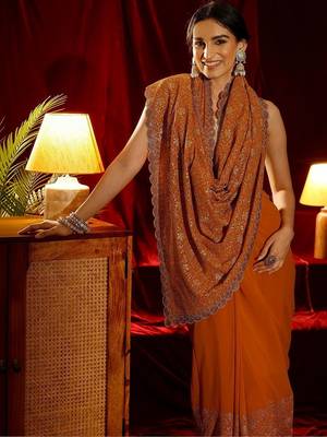 mustard floral embroidered georgette saree 5