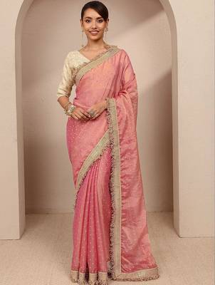 pink woven design tissue saree with unstitched blouse piece 1