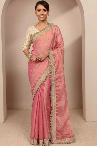 pink woven design tissue saree with unstitched blouse piece