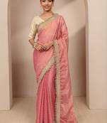 pink woven design tissue saree with unstitched blouse piece