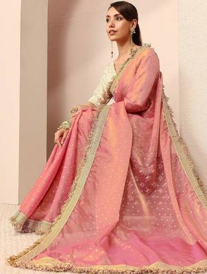 pink woven design tissue saree with unstitched blouse piece 2