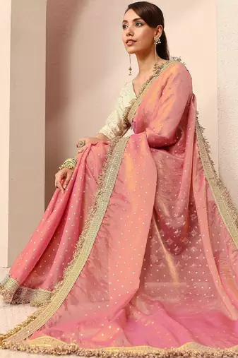 pink woven design tissue saree with unstitched blouse piece
