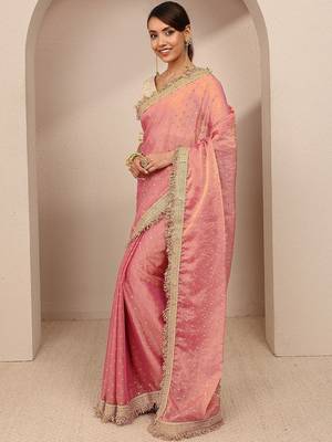 pink woven design tissue saree with unstitched blouse piece 3