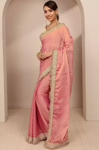 pink woven design tissue saree with unstitched blouse piece