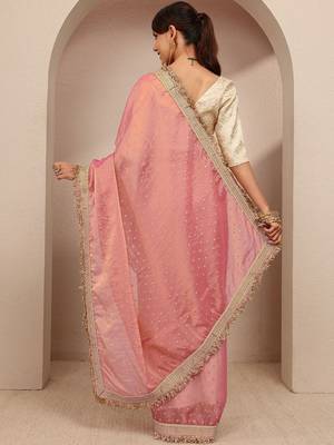 pink woven design tissue saree with unstitched blouse piece 4