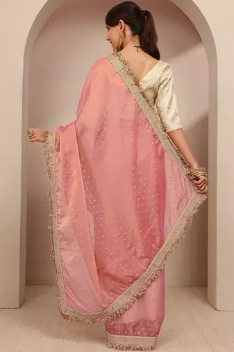 pink woven design tissue saree with unstitched blouse piece