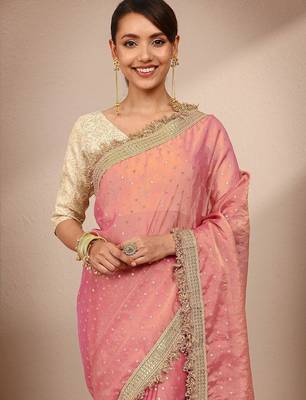 pink woven design tissue saree with unstitched blouse piece 5