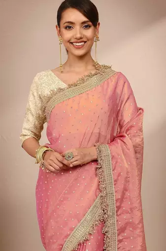 pink woven design tissue saree with unstitched blouse piece