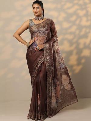 brown printed organza saree with unstitched blouse piece 1