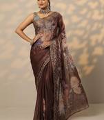 brown printed organza saree with unstitched blouse piece