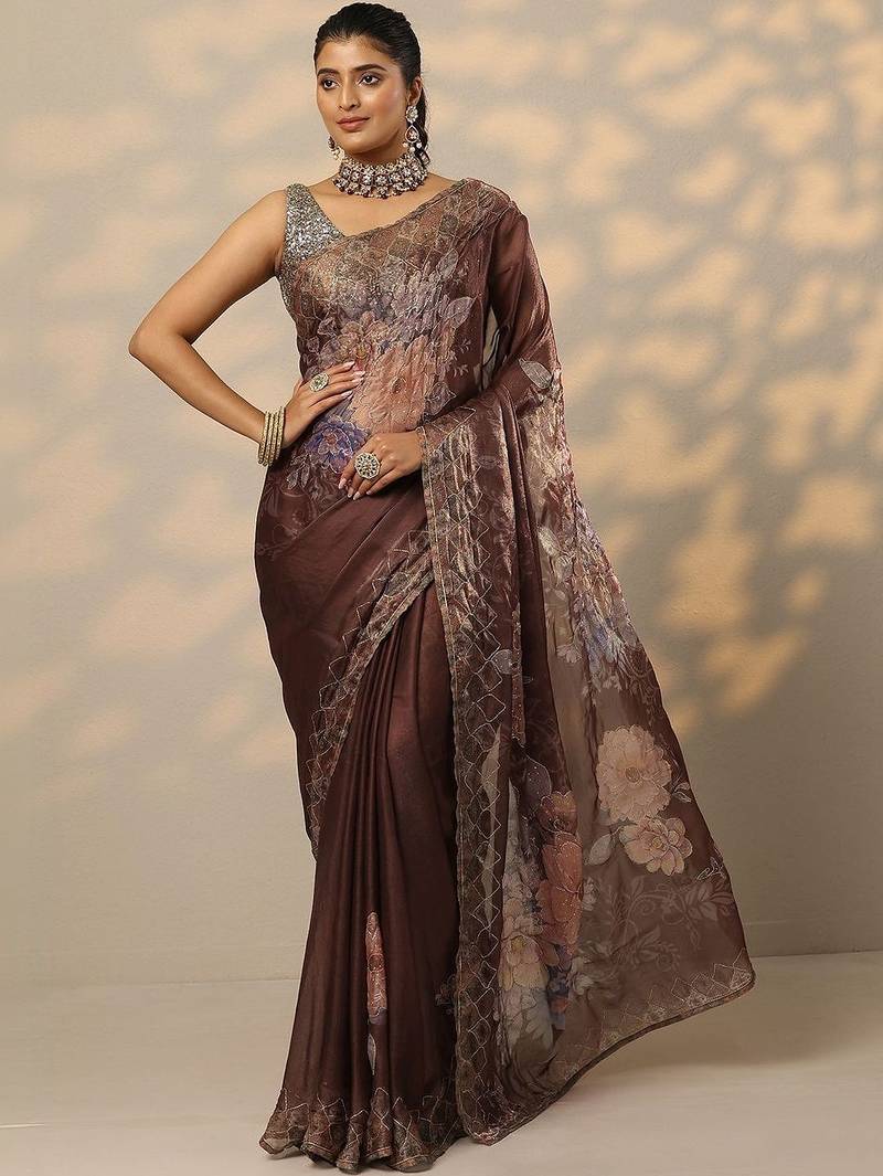 brown printed organza saree with unstitched blouse piece