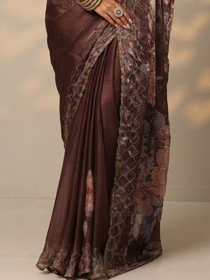 brown printed organza saree with unstitched blouse piece 3