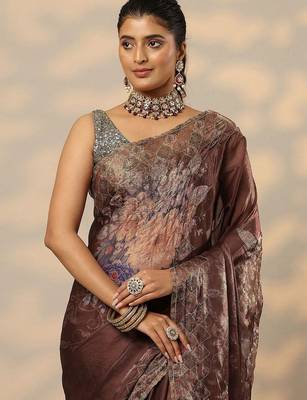 brown printed organza saree with unstitched blouse piece 5