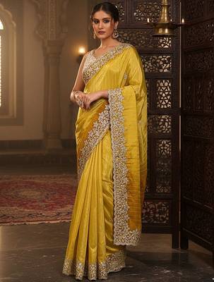 yellow embellished crepe saree with unstitched blouse piece 1