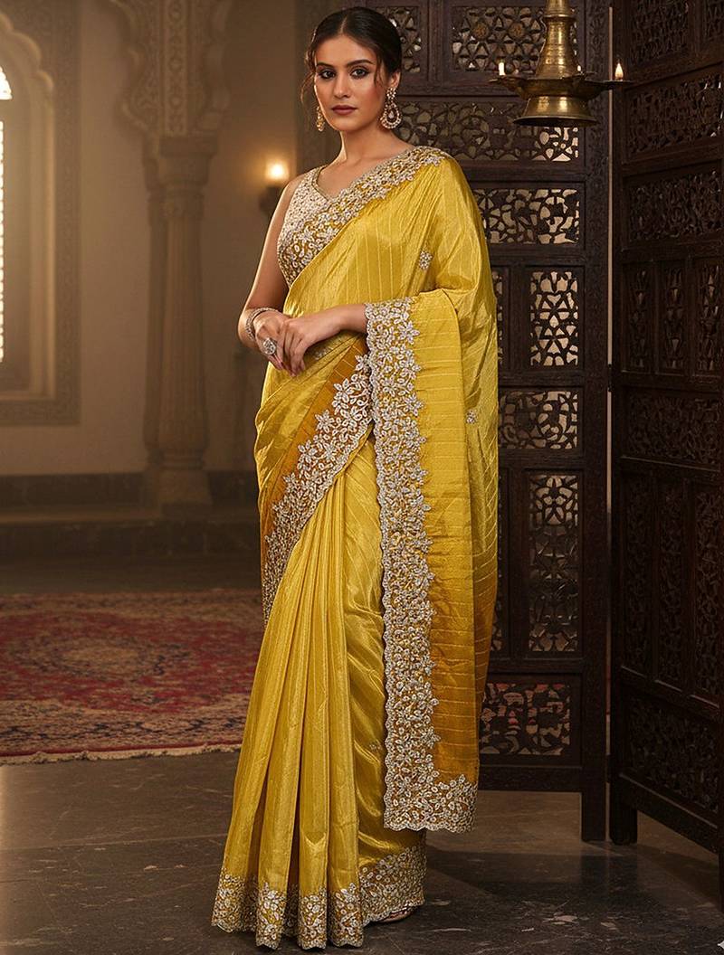yellow embellished crepe saree with unstitched blouse piece