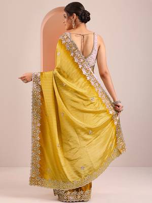 yellow embellished crepe saree with unstitched blouse piece 4