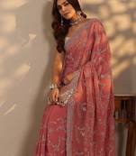 peach embroidered saree with unstitched blouse piece