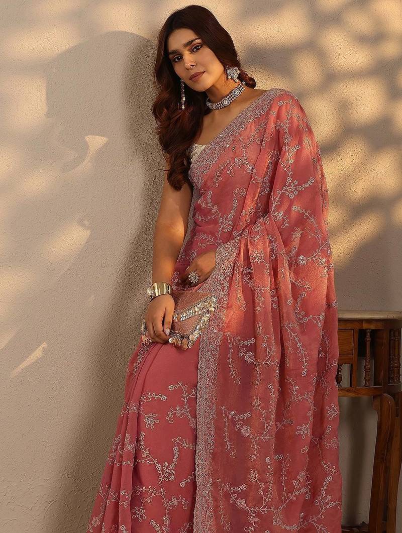 peach embroidered saree with unstitched blouse piece