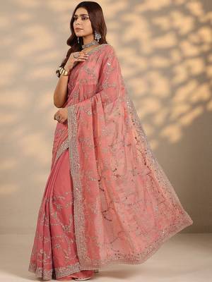 peach embroidered saree with unstitched blouse piece 2