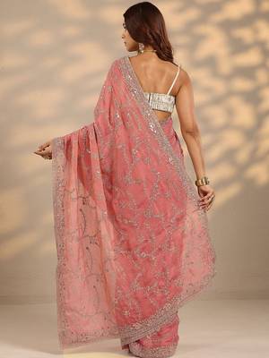peach embroidered saree with unstitched blouse piece 3