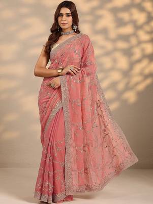 peach embroidered saree with unstitched blouse piece 4