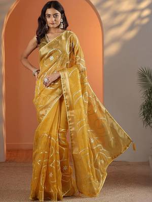 yellow embellished nylon saree with unstitched blouse piece 2