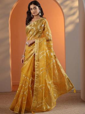 yellow embellished nylon saree with unstitched blouse piece 3