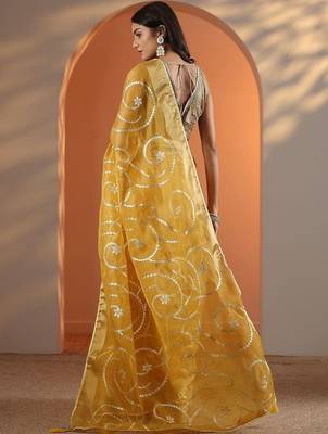 yellow embellished nylon saree with unstitched blouse piece 4