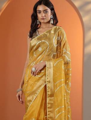 yellow embellished nylon saree with unstitched blouse piece 5