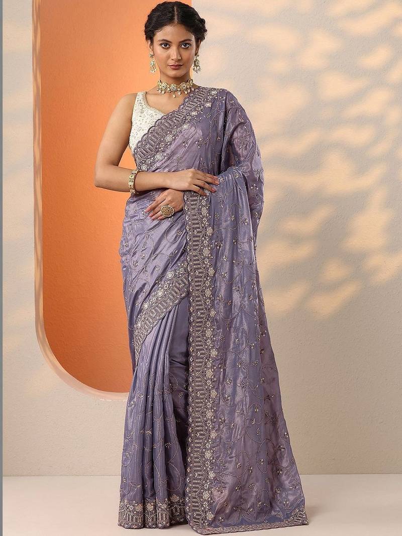lavender embroidered organza saree with unstitched blouse piece