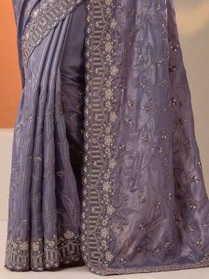 lavender embroidered organza saree with unstitched blouse piece 2