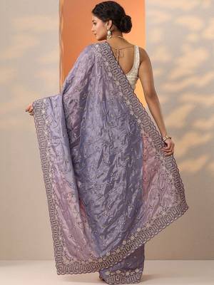lavender embroidered organza saree with unstitched blouse piece 4