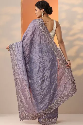 lavender embroidered organza saree with unstitched blouse piece