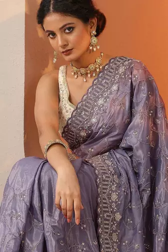 lavender embroidered organza saree with unstitched blouse piece