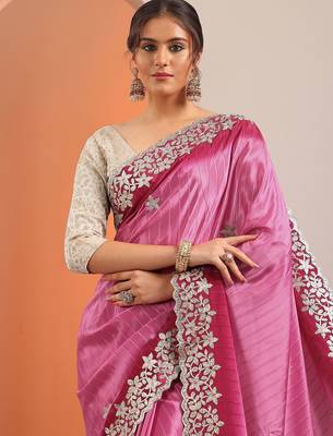 pink embellished crepe saree with unstitched blouse piece 1