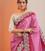 pink embellished crepe saree with unstitched blouse piece
