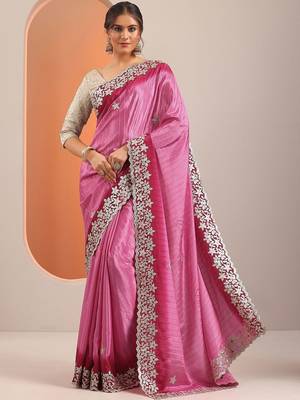 pink embellished crepe saree with unstitched blouse piece 2