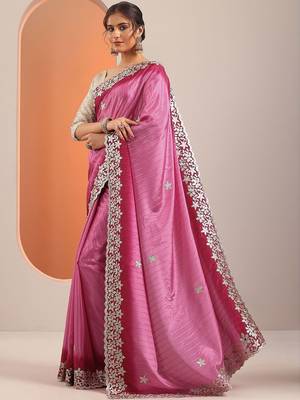 pink embellished crepe saree with unstitched blouse piece 3