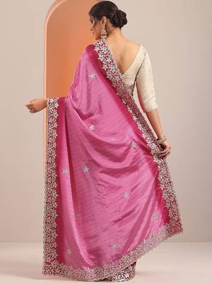 pink embellished crepe saree with unstitched blouse piece 4