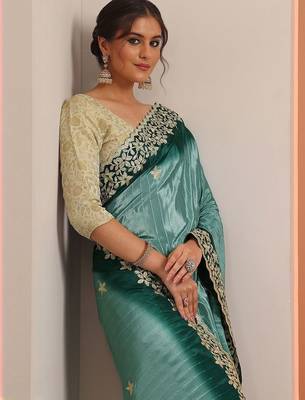 teal embellished crepe saree with unstitched blouse piece 1