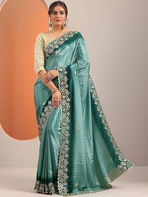teal embellished crepe saree with unstitched blouse piece 2