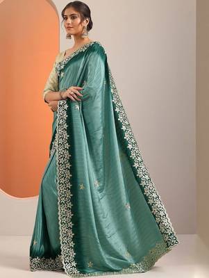 teal embellished crepe saree with unstitched blouse piece 3