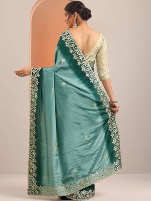 teal embellished crepe saree with unstitched blouse piece 4