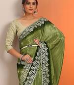 green embellished crepe saree with unstitched blouse piece