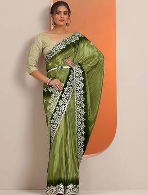 green embellished crepe saree with unstitched blouse piece 2
