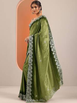 green embellished crepe saree with unstitched blouse piece 3