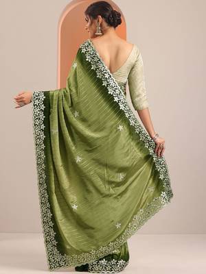 green embellished crepe saree with unstitched blouse piece 4