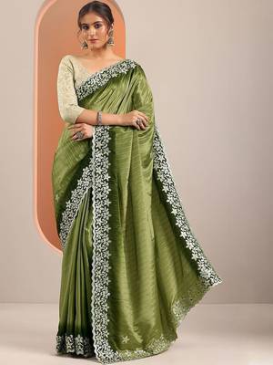 green embellished crepe saree with unstitched blouse piece 5
