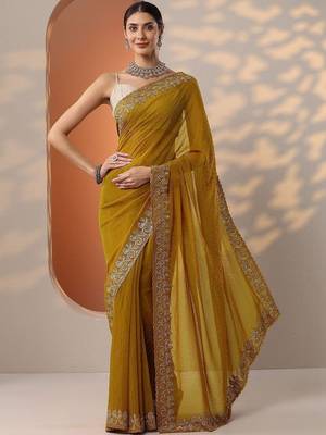 yellow embellished organza saree with unstitched blouse piece 1