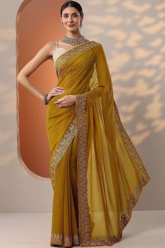 yellow embellished organza saree with unstitched blouse piece